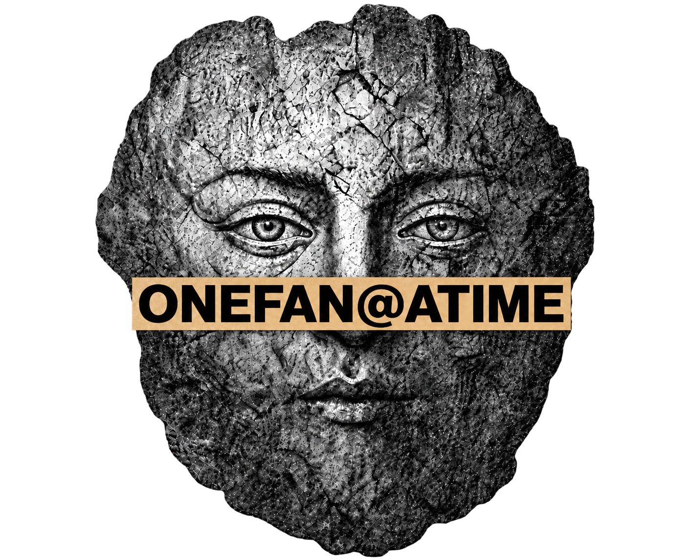Ancient stone mask with the gold ONEFAN@ATIME nameplate